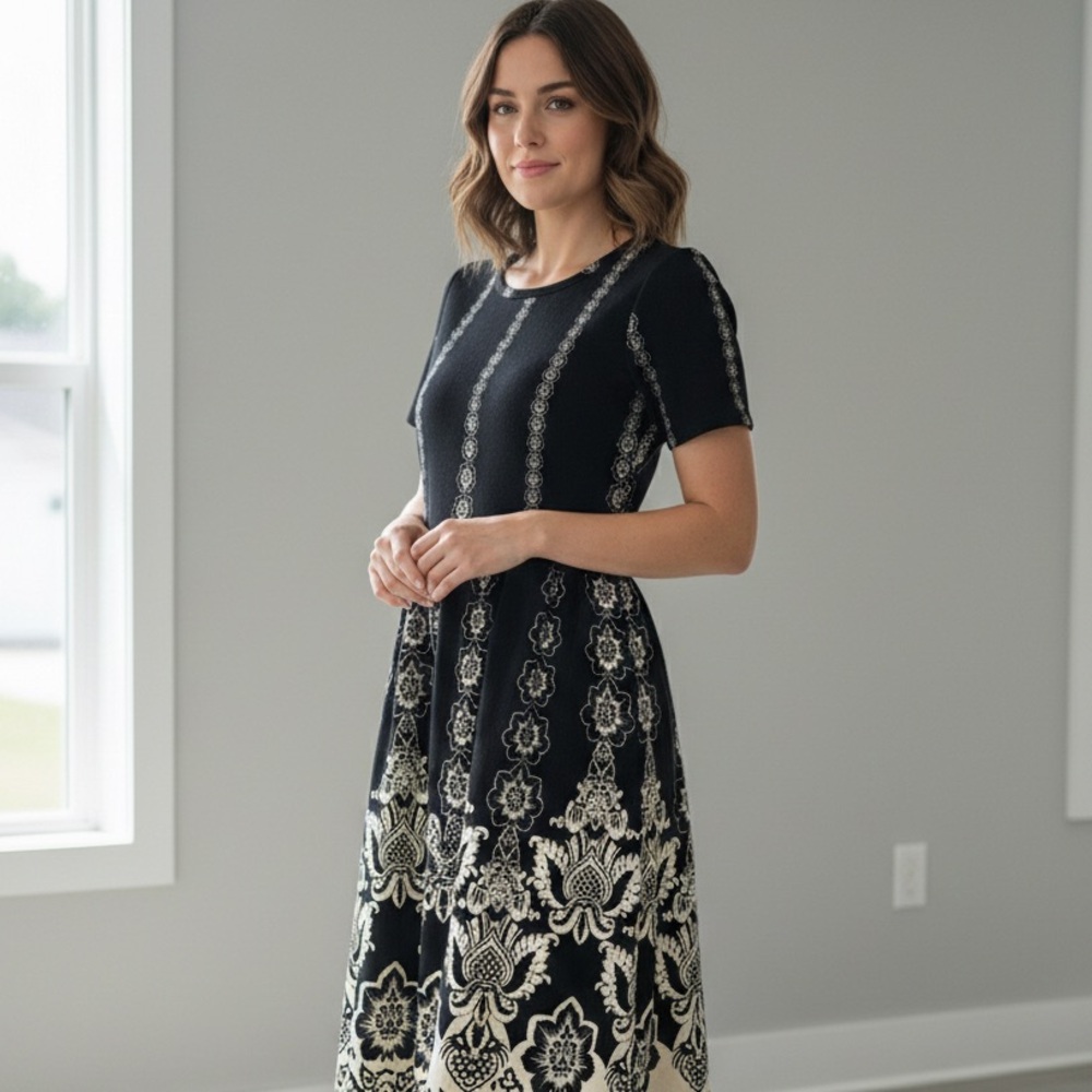 LuLaRoe Amelia Black White Floral Pleated Dress - Size S - NWT